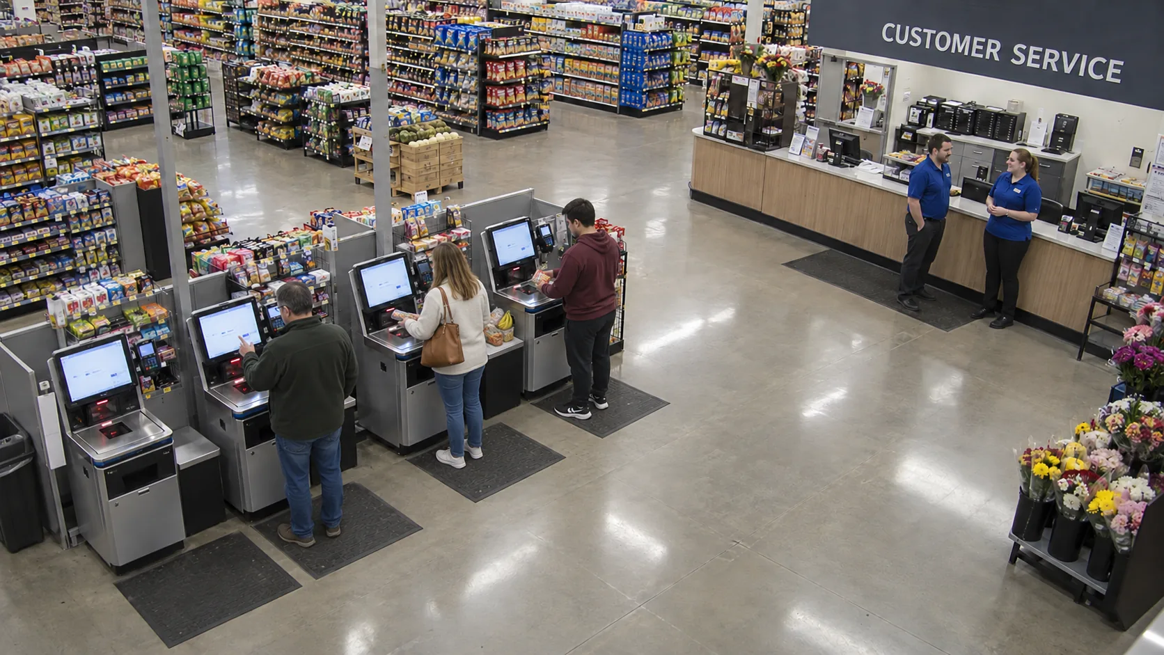 Simulated CCTV: shoppers using three self-checkout kiosks while two staff chat at Customer Service