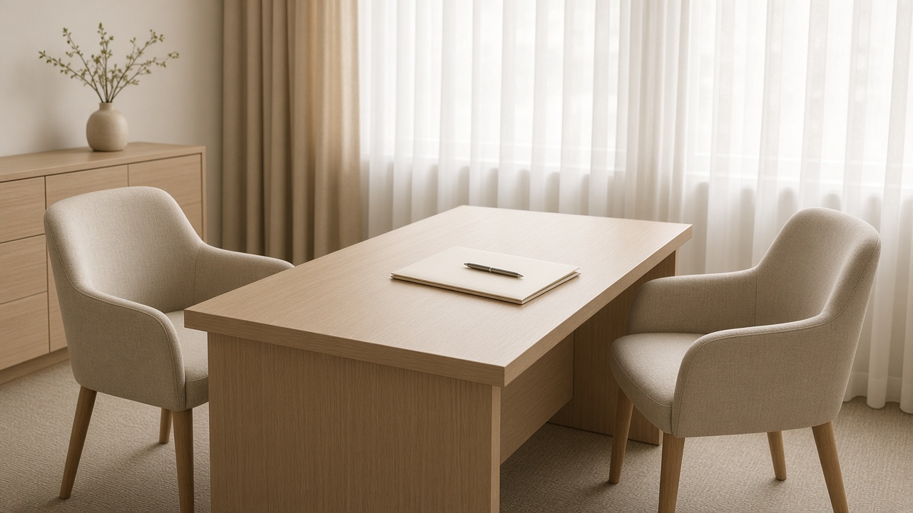 An empty desk and two chairs where a member would sit with branch staff.
