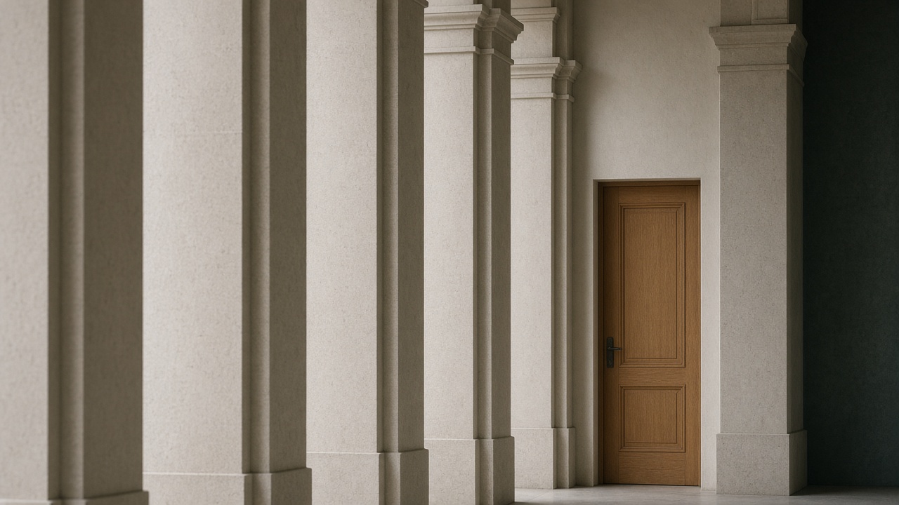 A quiet stone interior with a closed door.
