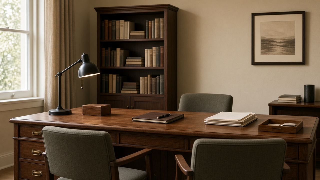 A private office with two empty chairs and a desk.