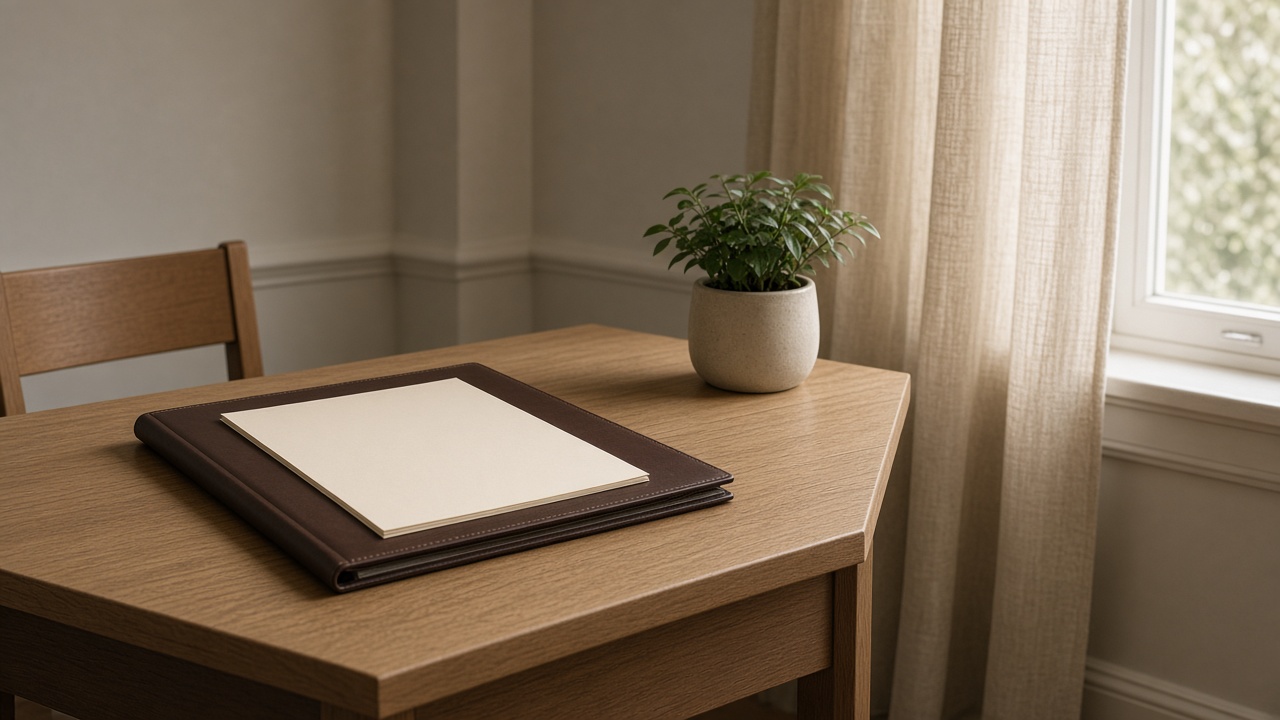 An empty account-opening desk with a closed folder.
