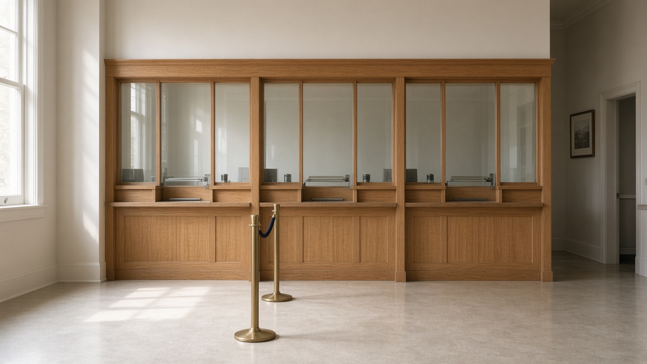 An empty teller line, seen from the member side of the counter.